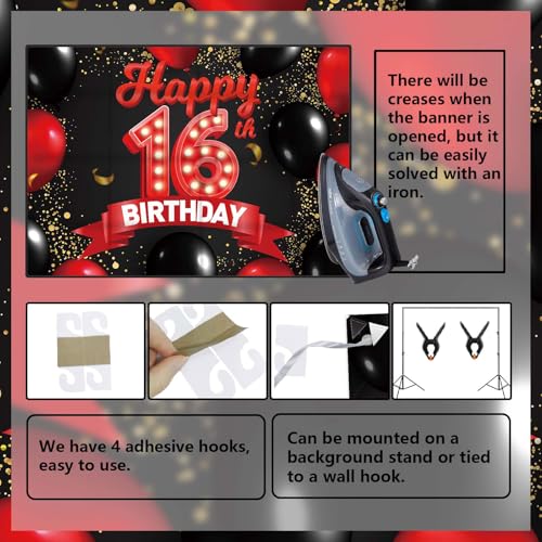 16th Birthday Red and Black Banner Backdrop - Girls Party Decor