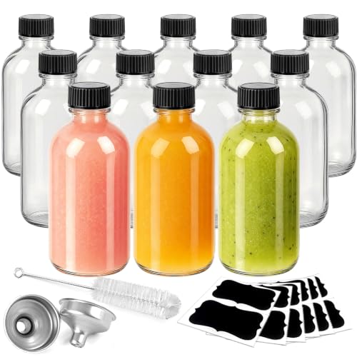 12 Pack 2oz Glass Boston Round Bottles with Lids for Ginger Shots - Clear Reusable Containers