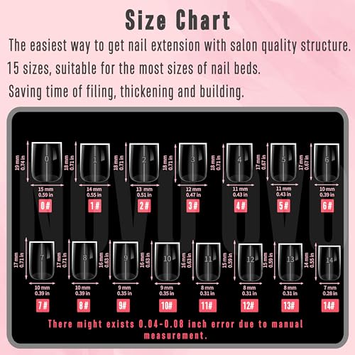 NOVO OVO Short Straight Sharp Square Thick Natural Nail Tips 15 Sizes 510 pcs