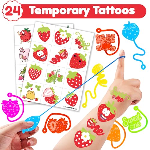 92-stickyhand 48-piece Strawberry Theme Party Favors: 24 Stick Hands & 24 Temporary Tattoos