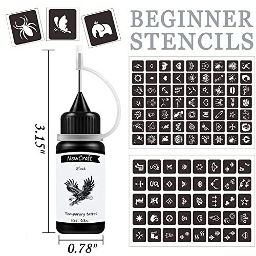 NewCraft Colorful Temporary Tattoo & Stencil Kit - 7 Ink Colors & 103 Patterns, Includes Pen, Reusable for DIY Body Art