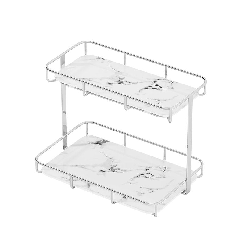 Bathroom Organizer Countertop Perfume Organizer Makeup Organizer Cosmetics Storage Display Rack Vanity Tray Dresser Stainless Steel Gold Shelf White Marble Ceramic Tray (2 Tier L-Sliver)