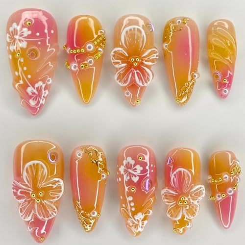 24Pcs Medium Almond Flower Press On Nails with Gold Beads