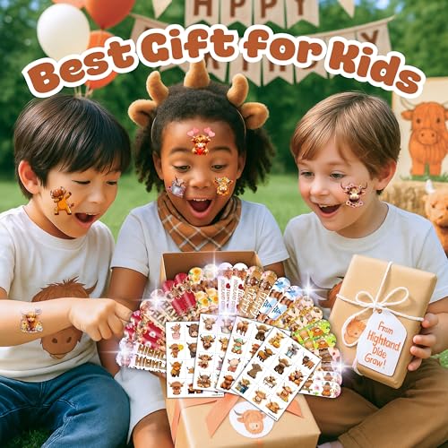 72PCS Highland Cow Party Favors with Tattoos & Slap Bracelets for Kids