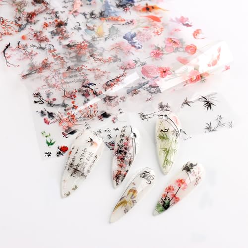 Chinese Style Nail Foil Transfer Stickers - Plum Orchid Bamboo Pattern, 10 Rolls