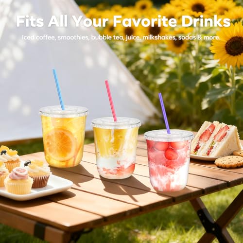 25 Pack 12 oz Clear Disposable Plastic Cups with Lids & Straws