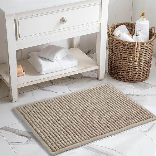 FRESHMINT Chunky Chenille Bathroom Rug, Beige, 17"x24" - Non-Slip, Water Absorbent, Machine Washable