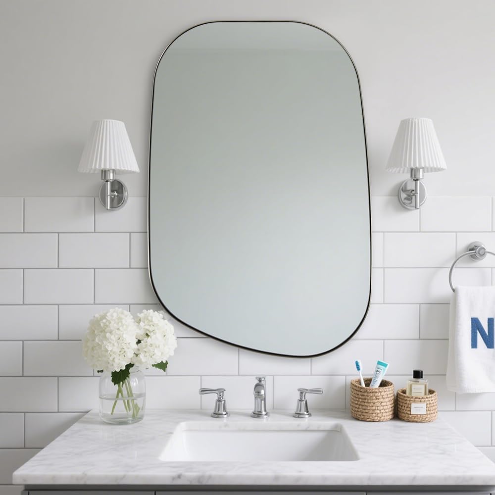 Chrome Asymmetrical Wall Mirror - Unique 24"x32" Irregular Design with SUS304 Stainless Steel Frame for Bathroom, Bedroom, Entryway
