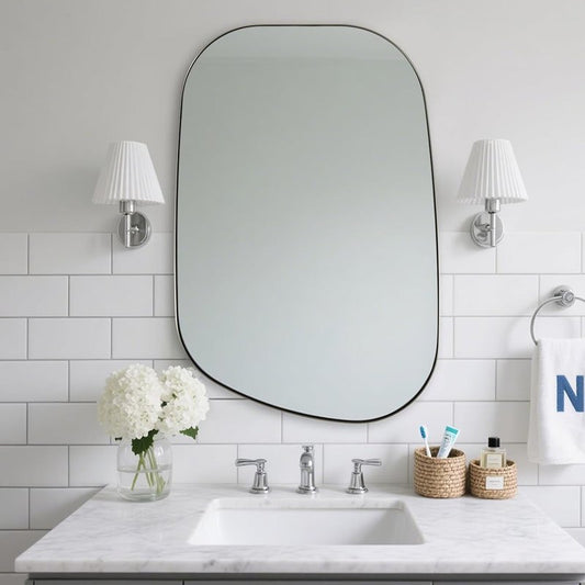 Chrome Asymmetrical Wall Mirror - Unique 24"x32" Irregular Design with SUS304 Stainless Steel Frame for Bathroom, Bedroom, Entryway