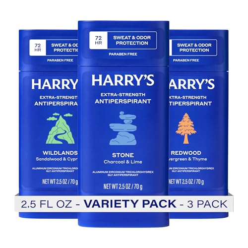Harry's Extra-Strength Antiperspirant Deodorant, Sweat & Odor Control Antiperspirant for Men, Variety Pack - Stone, Redwood, Wildlands, 2.5 oz Pack of 3