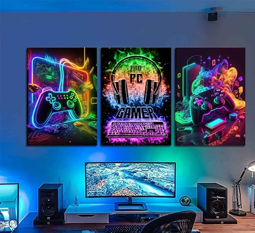 Gaming Wall Art - 3Pcs Colorful Neon Gamepad Canvas Prints 12x16in