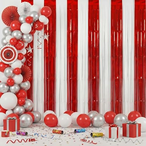 Zhanmai Red and White Foil Fringe Curtains - 2 Pack 3.28x8.2 ft Tinsel Backdrop for Parties