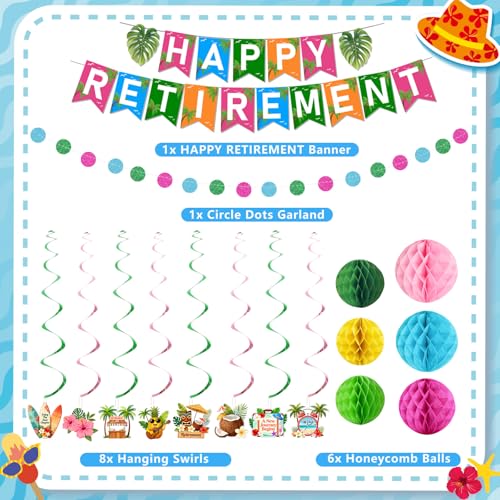 Tropical Hawaiian Retirement Party Decoration Kit - Happy Retirement Banner & Honeycomb Balls