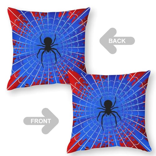 Spider Web Throw Pillow Cover - 18x18 Inch Blue & Red Design