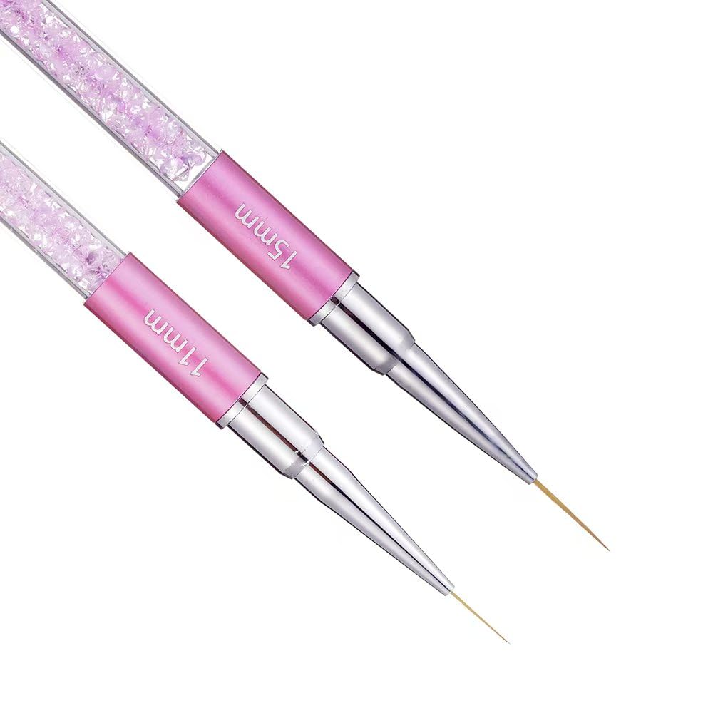 2Pcs Super Fine Nail Art Liner Brush Set, Size 11mm & 15mm Nail Striper Brushes with Purple Crystal Handle, Professional Fine Detail Nail Brushes for Gel Polish French Manicure Intricate Designs
