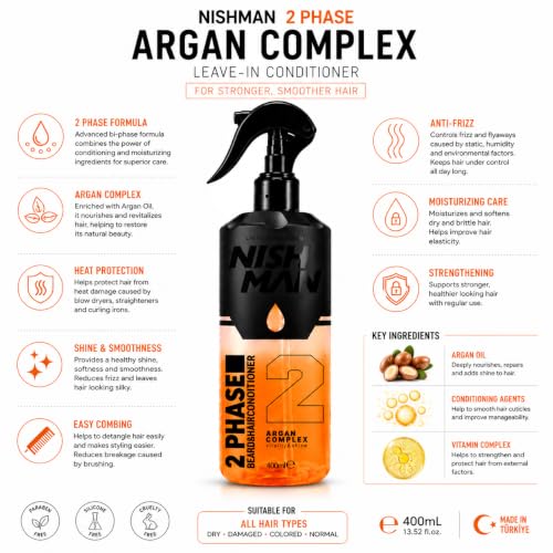 NISHMAN 2-Phase Argan Hair & Beard Conditioner Spray 400ml – Deep Nourishing & Shine
