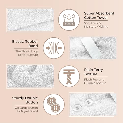 Lili&James 100% Cotton Hair Towel Wrap (Pack of 2) - Quick Dry Turban for Women & Kids, Anti Frizz, White+Aqua