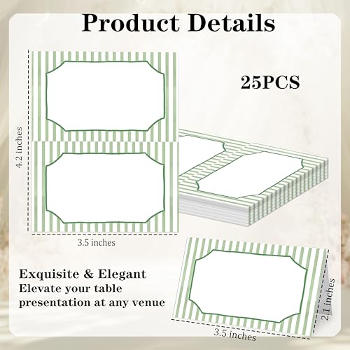 Green Striped Place Cards - 25 Pcs Watercolor Tent Cards for Events