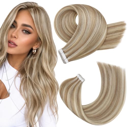 Moresoo Tape-in Hair Extensions Beige Blonde 12in 20pcs 30g with Light Brown Highlighted Platinum – Variation #1-9AP60