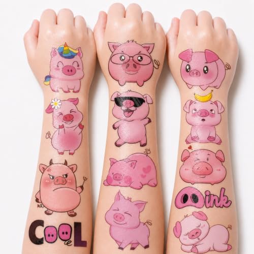 96 PCS Pre-Cut Pig Temporary Tattoos for Kids — Farm Animal Party Favors