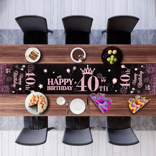 Happy 40th Birthday Table Runner - Black & Pink, 72 inches