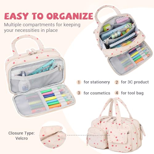Corduroy Pencil Case with Multiple Compartments - Strawberry Design