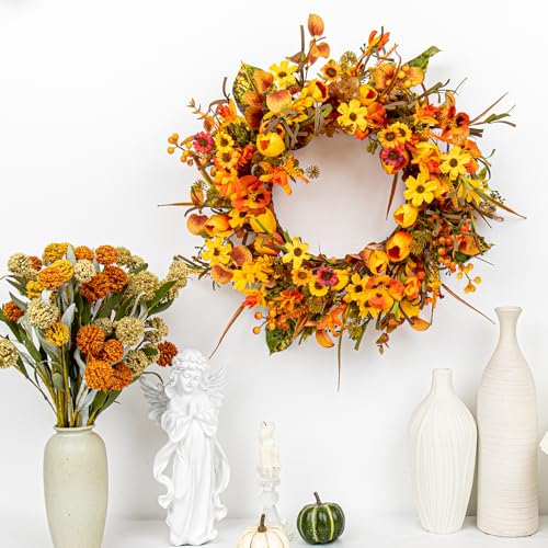 18-Inch Rustic Autumn Wreath with Orange Tulips & Wildflowers