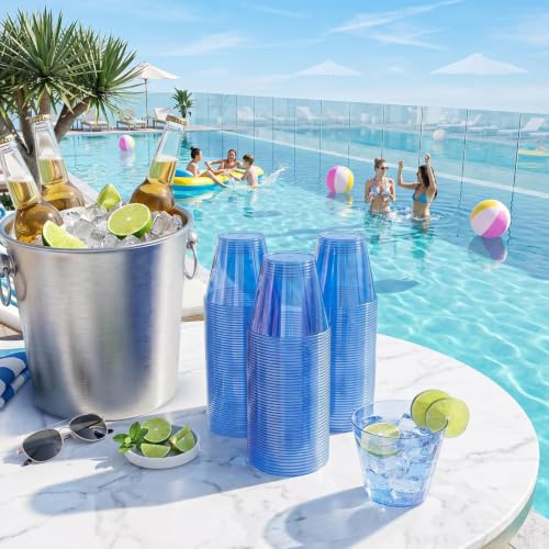 N9R 50 Pack 9 oz Clear Blue Disposable Plastic Cups for Parties