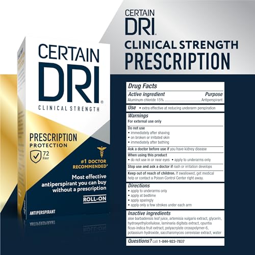 Certain Dri Prescription Strength Clinical Antiperspirant Roll-On - 72-Hour Sweat & Odor Protection for Excessive Sweating & Hyperhidrosis - 15% Aluminum Chloride - Fragrance-Free - 1.2 fl oz