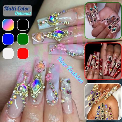 qiipii Luxury Emerald Green Nail Charms - 24pcs Heart & Rhinestone Gems Box