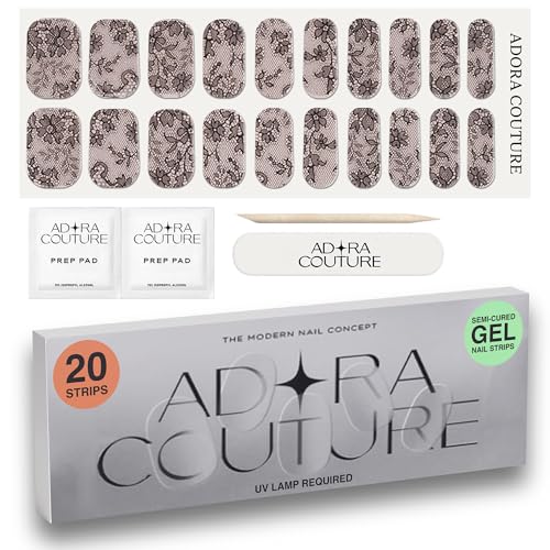Adora Couture Midnight Lace Semi Cured Gel Nail Strips Kit with UV Light, 20 Pieces
