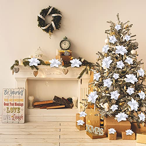 Boao 24 Pcs Glitter Poinsettia Flowers for Christmas Decor