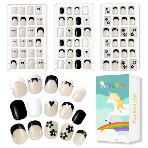 Allstarry Romantic French Kids Press-On Nails 72pcs Pre-Glue Full Cover