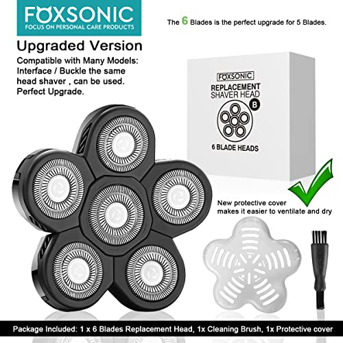 Universal 6 Blades Replacement Heads for Mainstream shaver brands, 5 Blades Head Shaver Replacement Blades, Head shaver Bald Shaver replacement heads With Blade Cover Shaver Head (6 Black)
