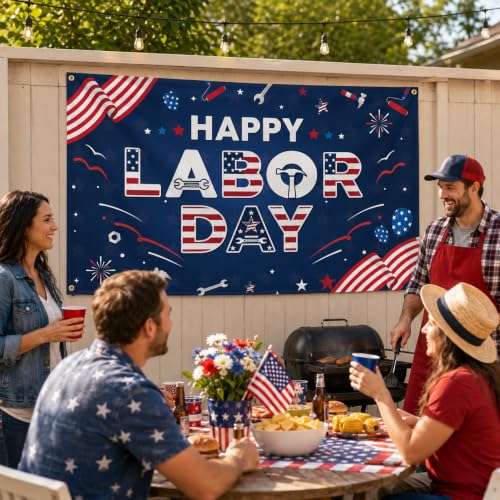 Happy Labor Day Banner Backdrop - 43.3x72.8 Inch Polyester Sign with Grommets & Rope for BBQ Party Decorations