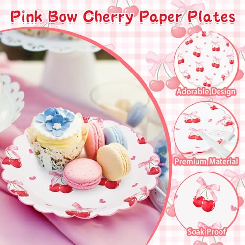 PHOGARY 40-Pack Pink Cherry Paper Plates - 7-Inch Scalloped Party Decor