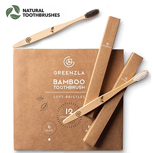 Greenzla Organic Bamboo Toothbrush Set – 12 Pack with Charcoal Bristles