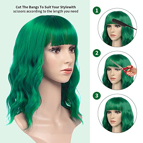 Green Wavy Bob Wig with Bangs and Sunglasses Set - Heat Resistant Synthetic