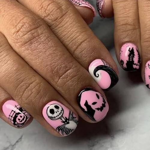 OFDNE Halloween Kit-2 Press on Nails Set - 144 Short Square Fake Nails with 6 Styles & Designs for Women & Girls