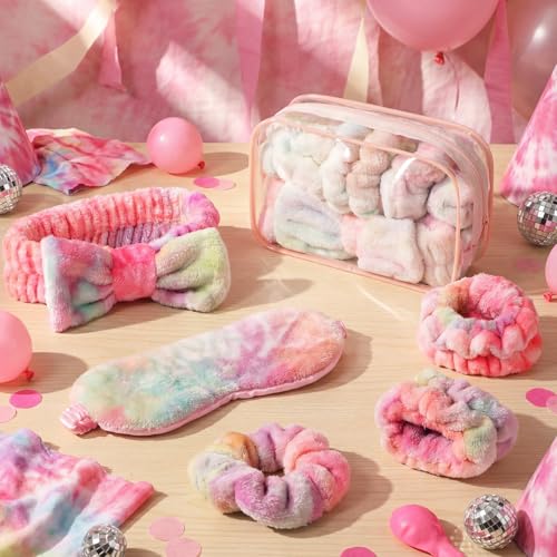 Tie Dye Rainbow Spa Party Supplies Set - 10 Pcs Headband, Eye Mask & Scrunchies