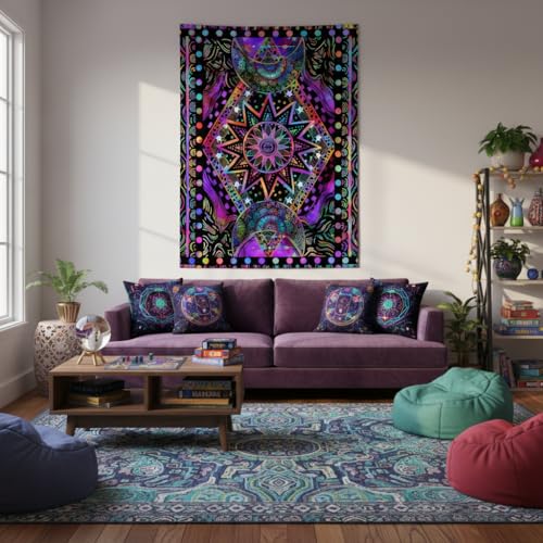 Glow in the Dark Sun and Moon Tapestry - UV Reactive Bohemian Wall Hanging 48'' x 36''