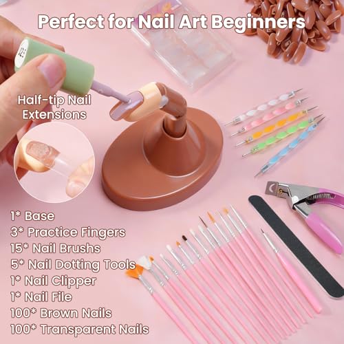 Difenni Pink Practice Fingers Nail Kit 3 Fingers 200+ Tips & Tools for Acrylic Nails DIY