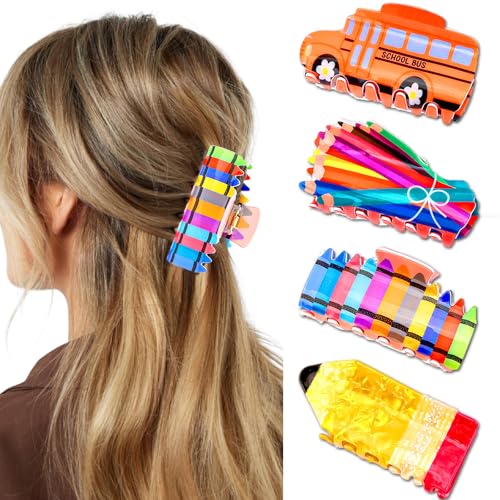 KICOSY Pencil 1 Clip Set - 4 School Bus, Crayon & Pencil Hair Clips for Teachers & Students, Back-to-School