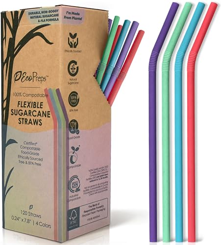 Eco-Friendly Biodegradable Sugarcane Straws - 120 Pack, Bendable & Compostable