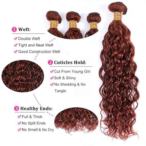 HuxoWax Copper Red Water Wave Human Hair Bundles #33 W / 14 Inch, Brazilian Virgin Remy Hair, Soft & Silky, 100g