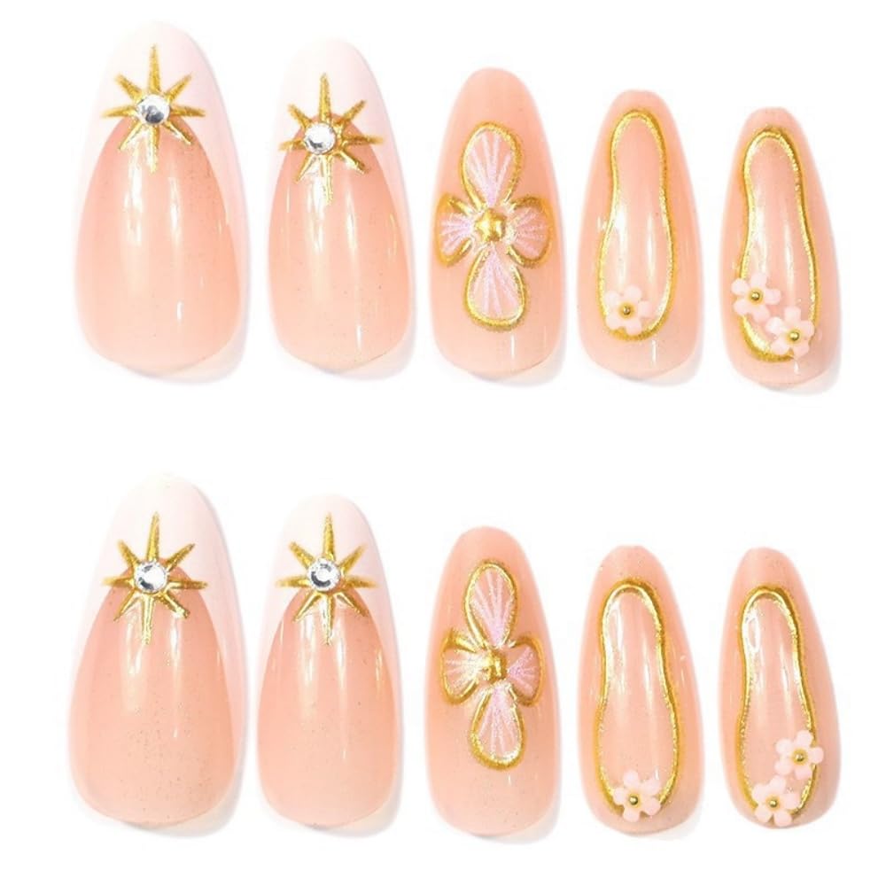 Almond Press On Nails - 24pcs Short Artificial False Nails with Simple Style Designs, Glossy Glue On Stick On Nails for Women's Manicure