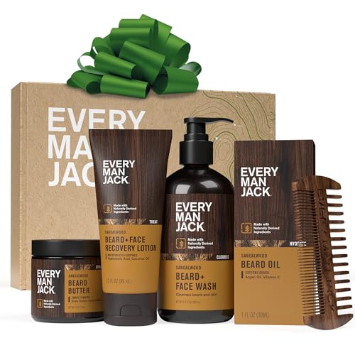 Every Man Jack Beard Essentials Gift Set for Men ? Complete Routine with 5 Full-Size Essentials ? Sandalwood Scent - Beard & Face Wash, Lotion, Oil, Butter & Comb
