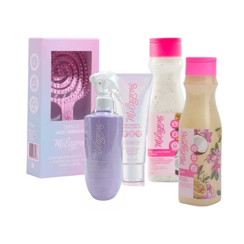 Milagro Anti-Frizz Kit (5 Pack) - Shampoo, Biorepolarizador, Termoprotector Anti-Frizz & Anti-Tangle Brush