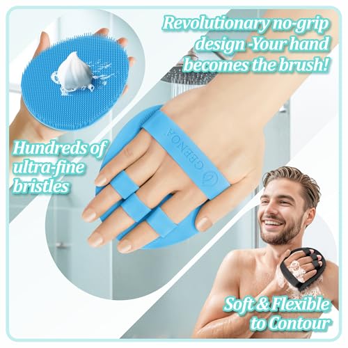GEENOA Silicone Bath Gloves with Straps 2PCS - Deep Cleansing Exfoliating Body Scrubber, Enlarged & Anti-Slip for All Skin Types (Black+Blue)
