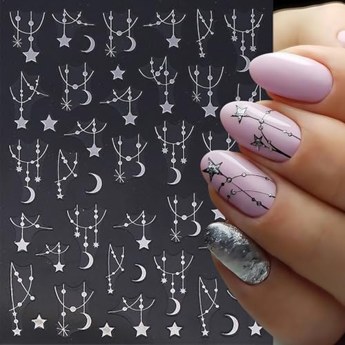 6 Sheets 3D Black Silver Star & Moon Nail Art Stickers